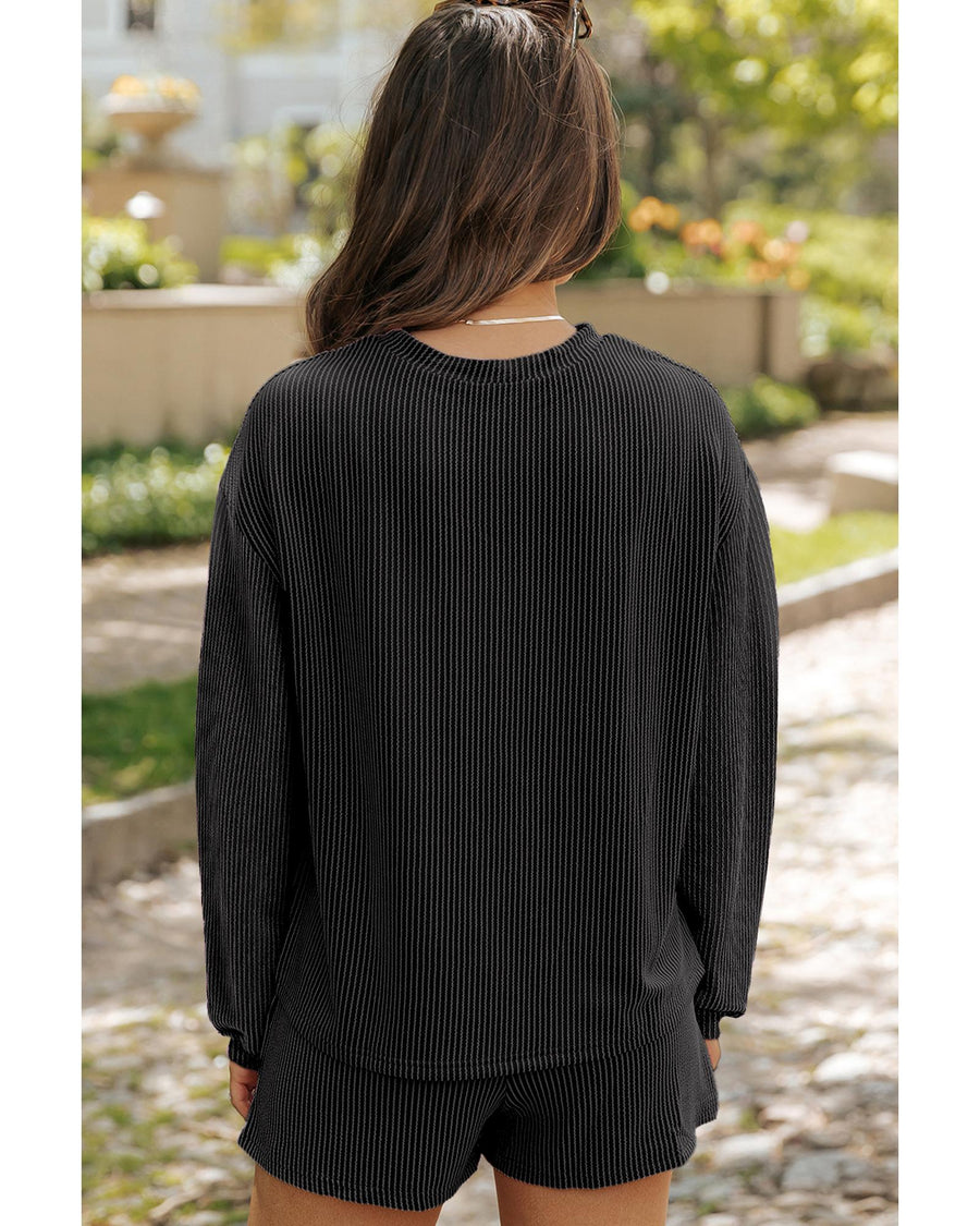 Carbon Grey Corded Knit Long Sleeve Top and High Waist Shorts Set - 2XL
