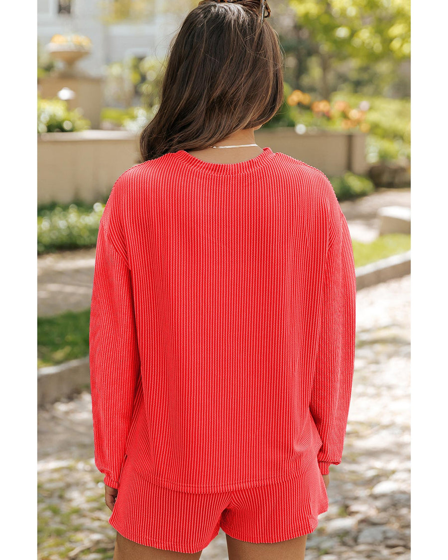 Casual Corded Knit Long Sleeve Top and High Waist Shorts Set - XL