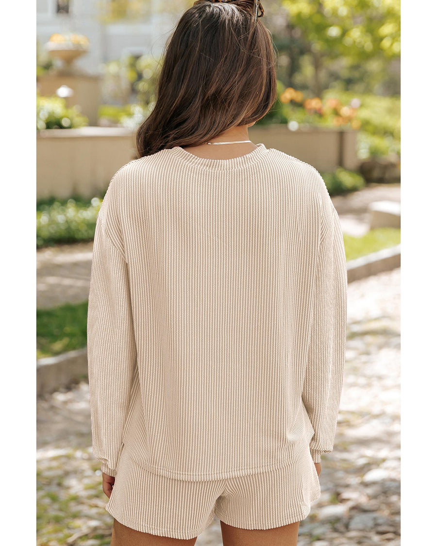 Parchment Corded Knit Long Sleeve Top and High Waist Shorts Set - 2XL