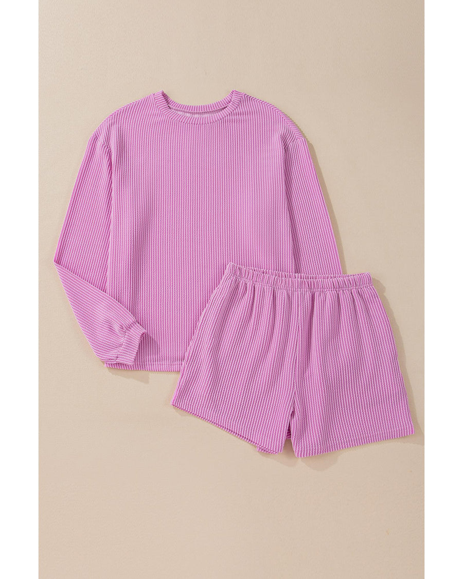 Phalaenopsis Corded Knit Long Sleeve Top and High Waist Shorts Set - M