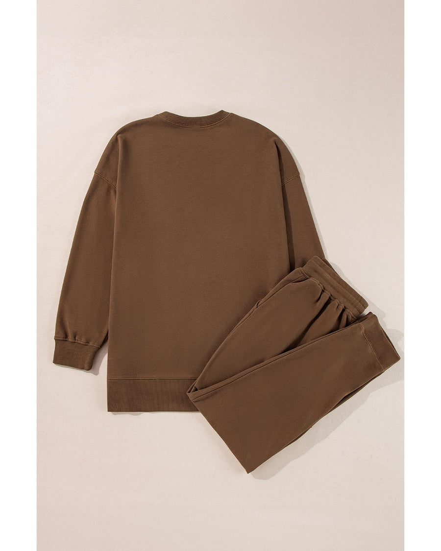 Coffee Solid Color High Low Pullover and Skinny Pants Set - M