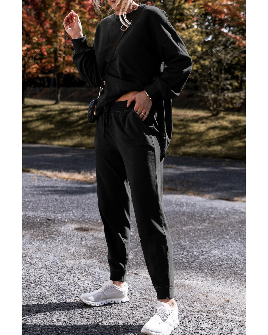 Black Solid Color High Low Pullover and Skinny Pants Set - S
