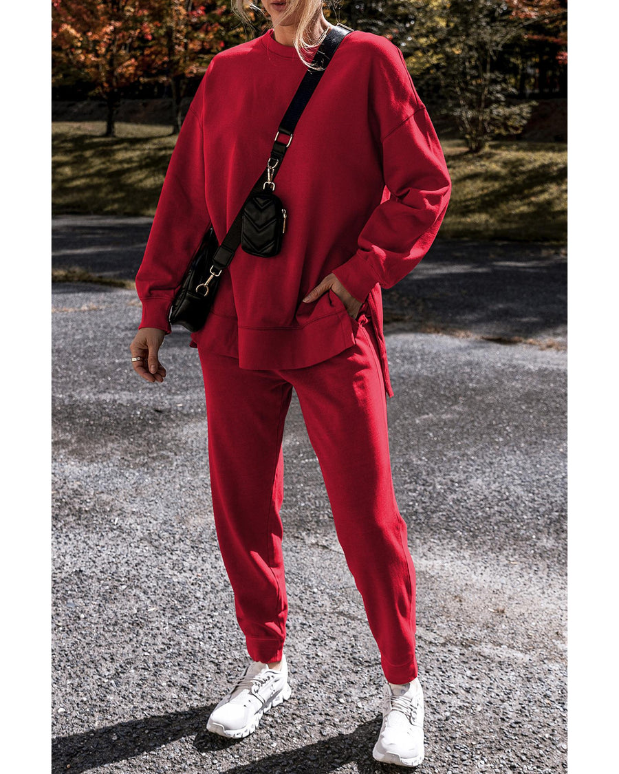 Racing Red Solid Color High Low Pullover and Skinny Pants Set - S