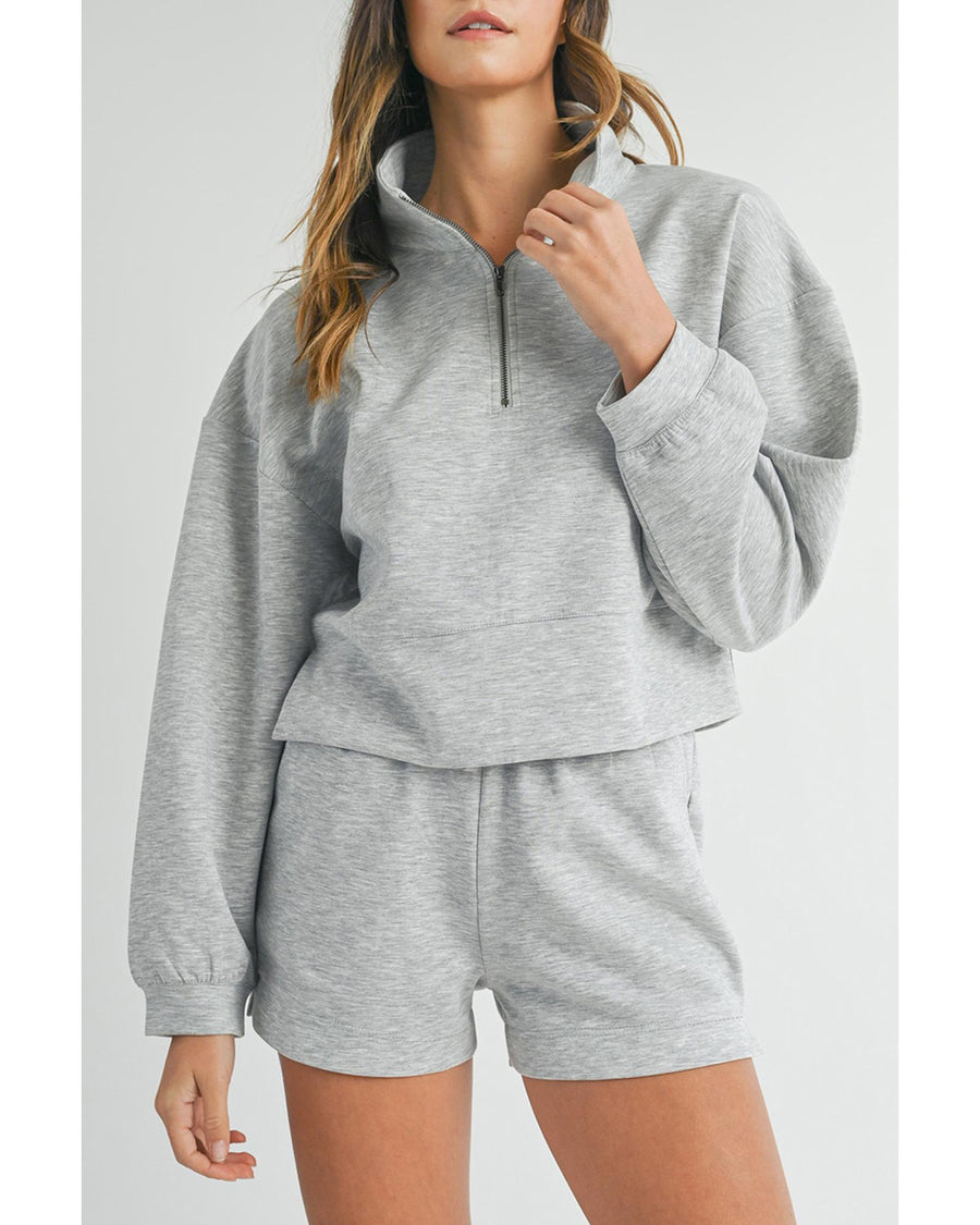 Light Grey Stand Neck Zipped Sweatshirt and Shorts Set - M
