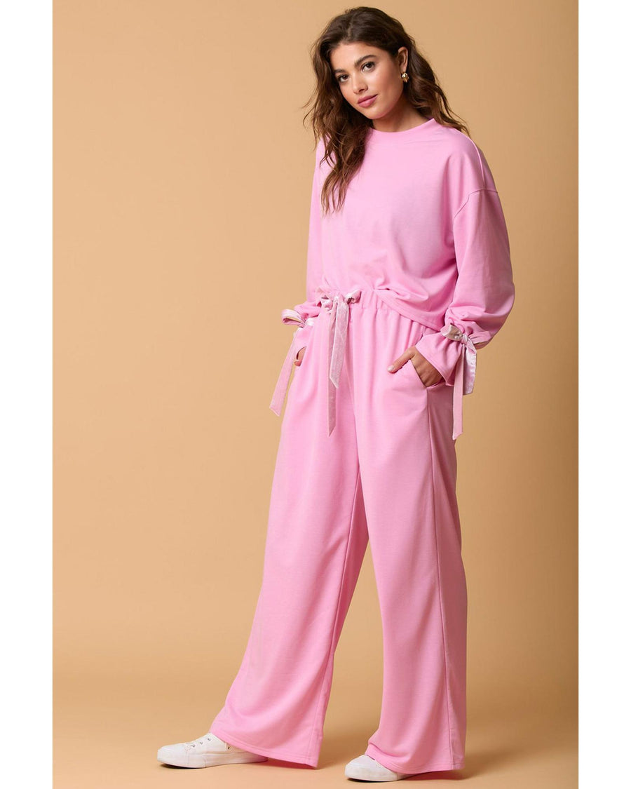 Bonbon Solid Color Drawstring Long Sleeve Top and Pants Set - XL