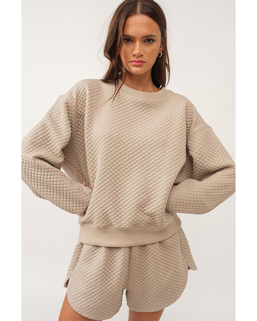 Parchment Solid Color Quilted Long Sleeve Top and Shorts Set - 2XL
