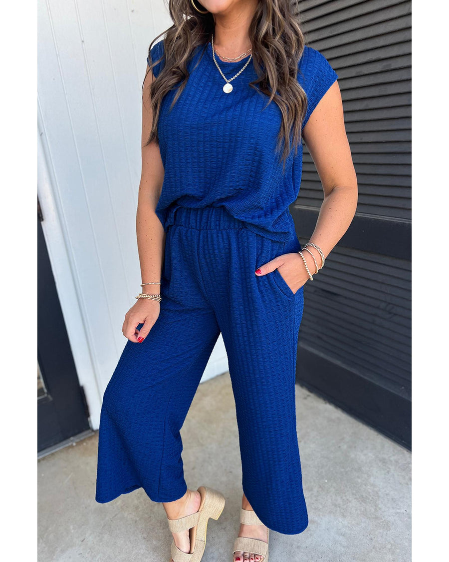 Sky Blue Textured Knit Cap Sleeve T Shirt and Wide Leg Pants Set - XL