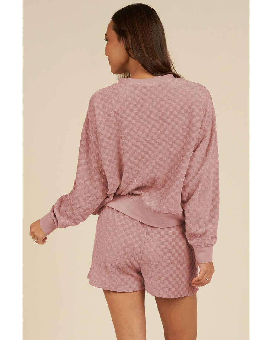 Blossom Checkered Textured Long Sleeve Top and Shorts Set - L