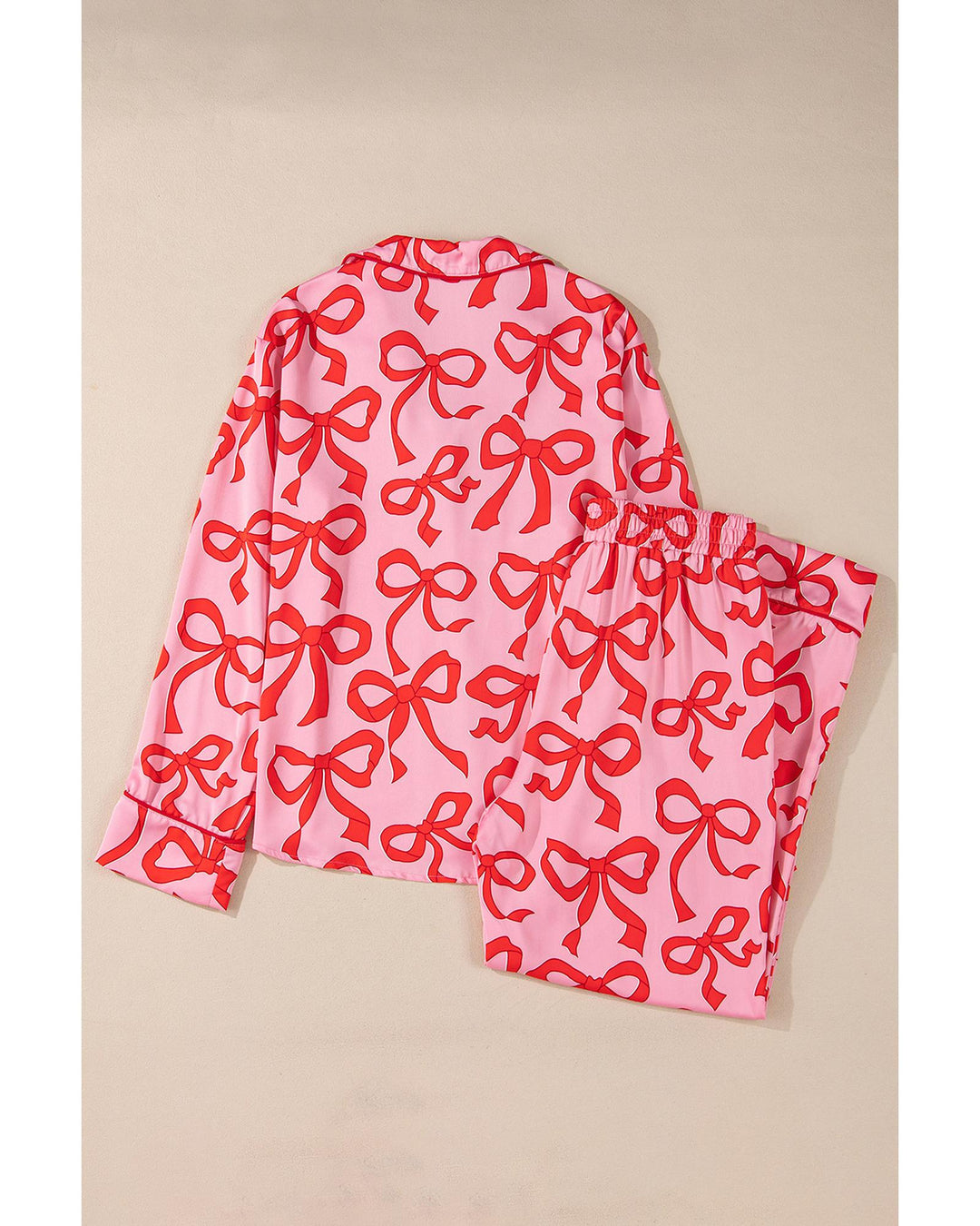 Pink 2pcs Bow Print Shirt Style Long Sleeve Pajama Set - M