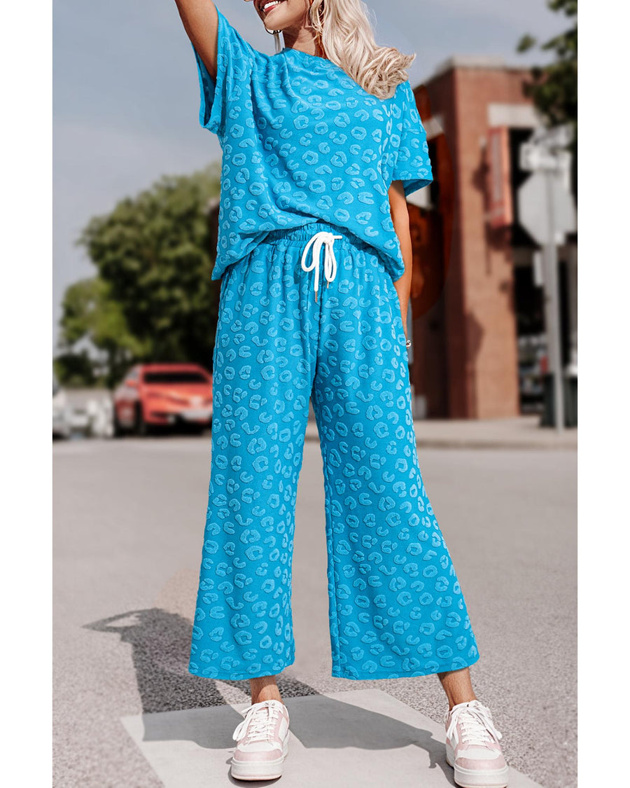 Blue Leopard Jacquard Short Sleeve Top and Wide Leg Pants Set - S