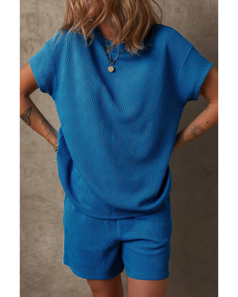 Bluing Solid Textured Crew Neck Short Set - M