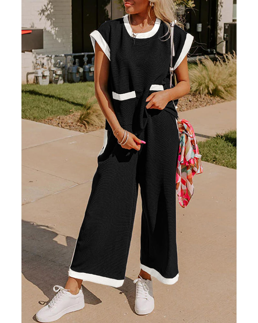 Black Color Block Pocketed T Shirt and Wide Leg Pants Set - 2XL
