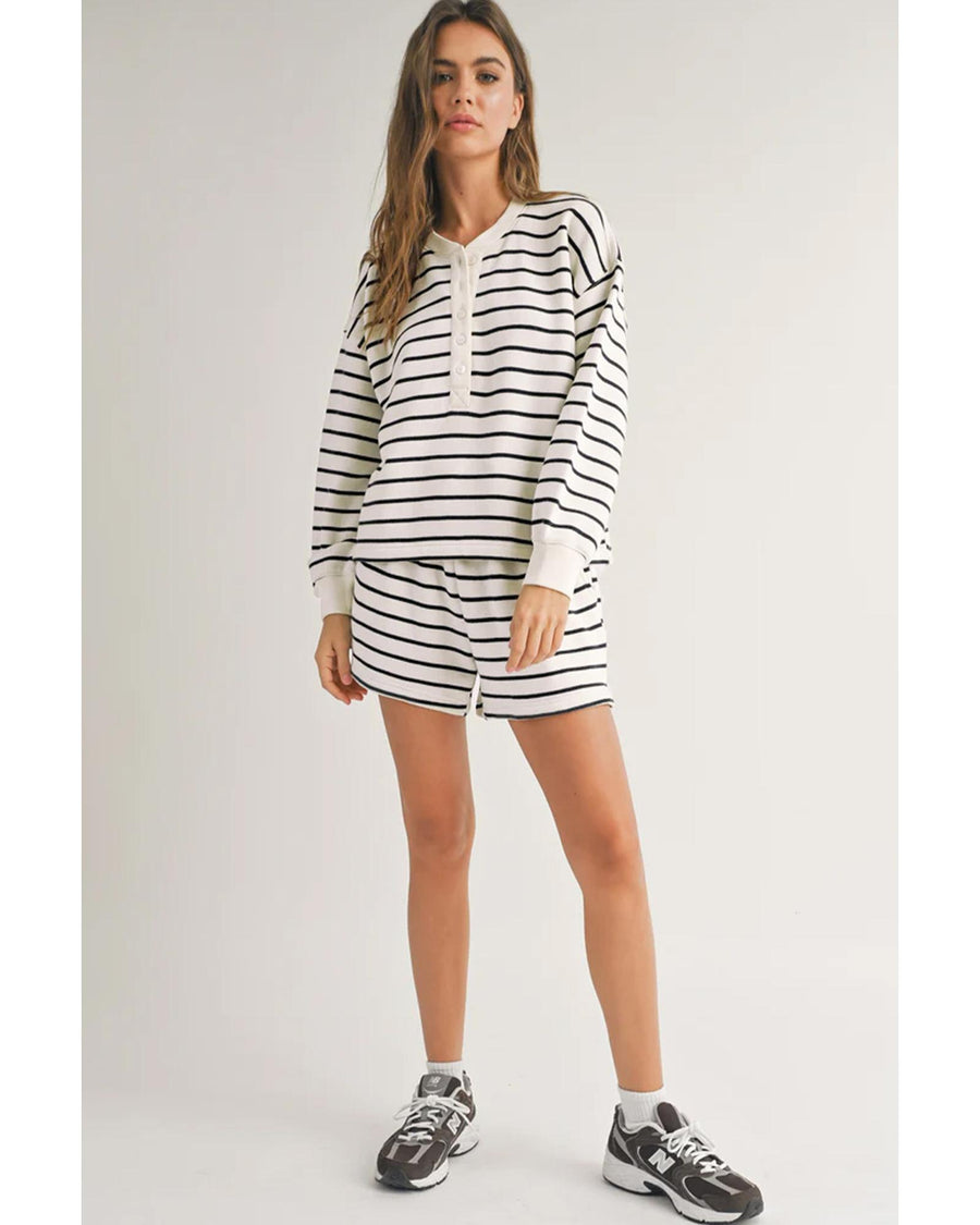 Black white Stripes Printed Half Button Long Sleeve Top and Shorts Set - L