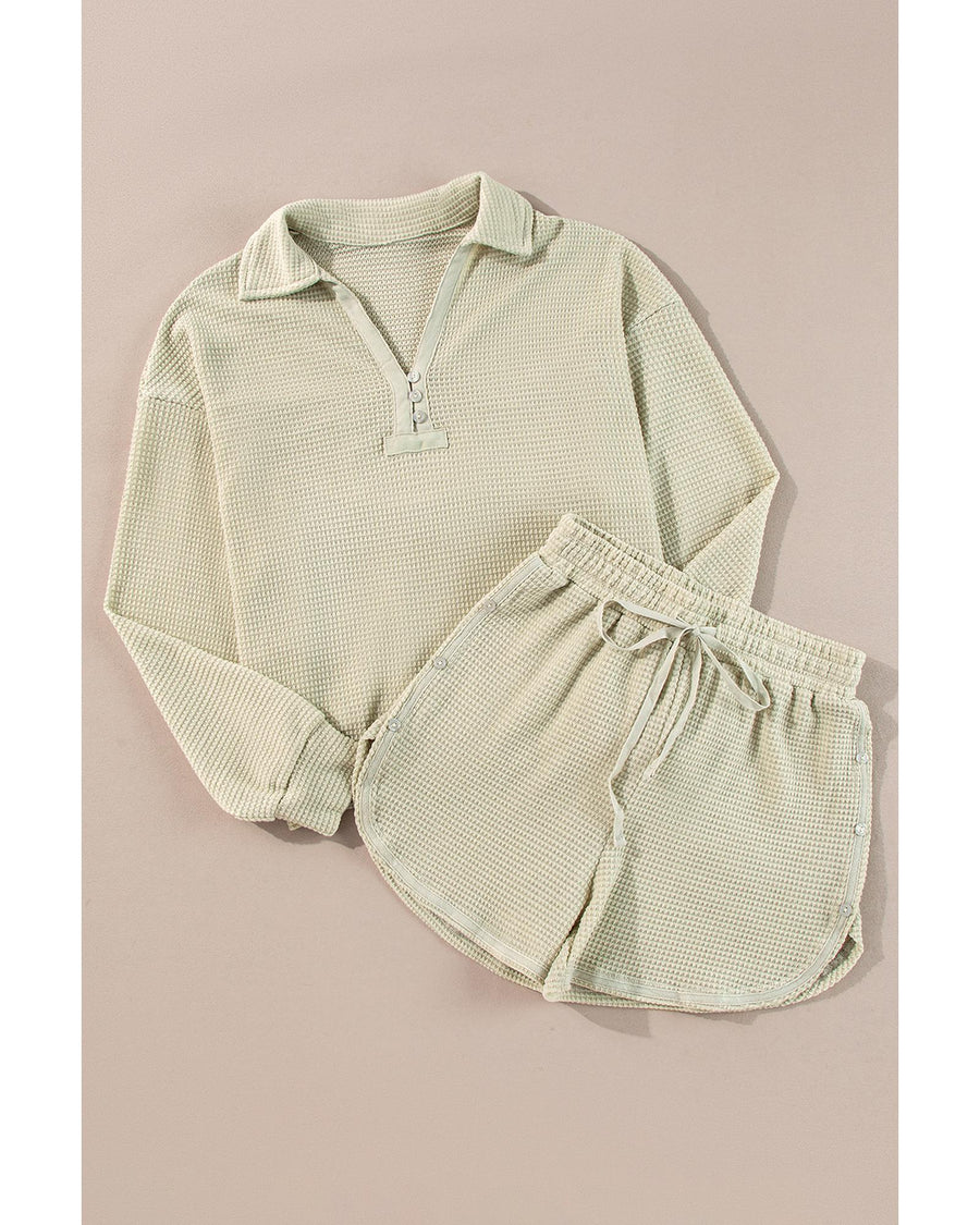 Parchment Textured Buttoned Long Sleeve Top 2 Piece Shorts Set - L