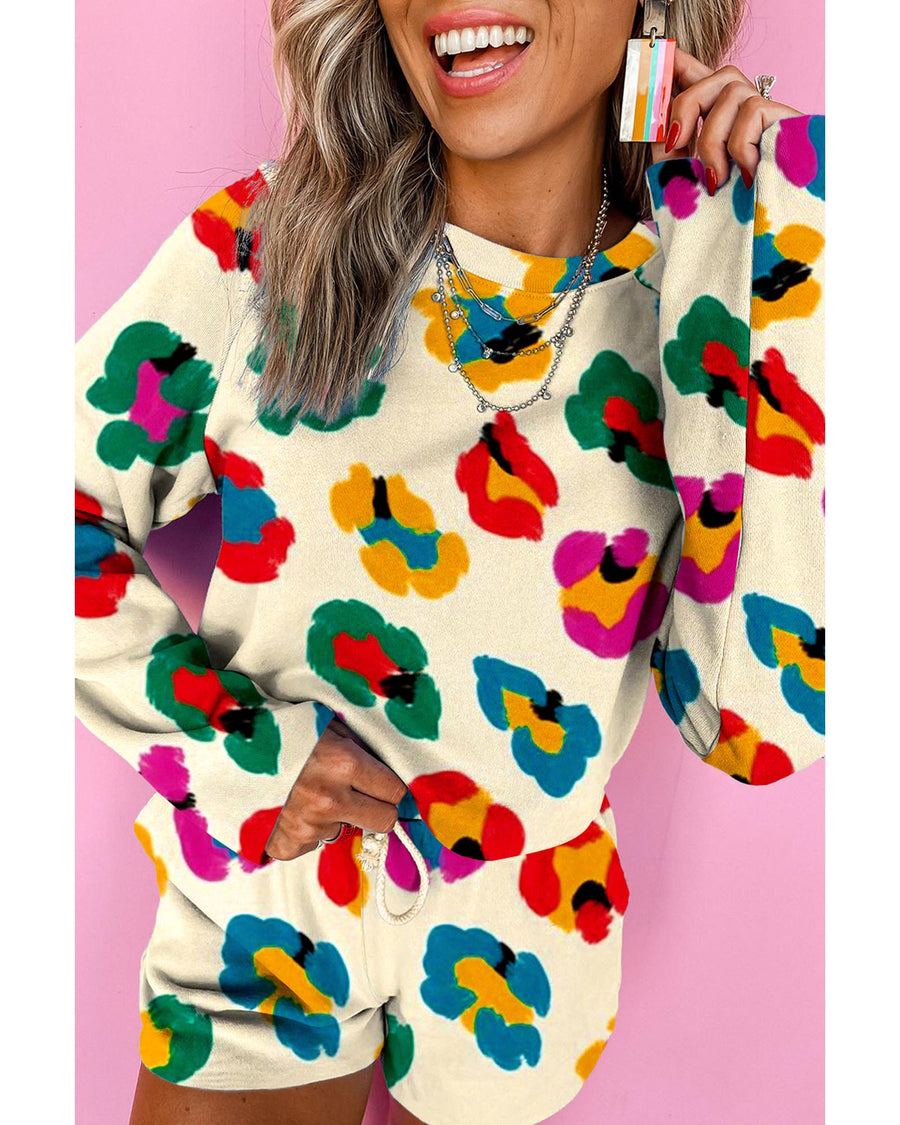 Apricot Multicolor Leopard Printed Long Sleeve Top Two Piece Shorts Set - XL