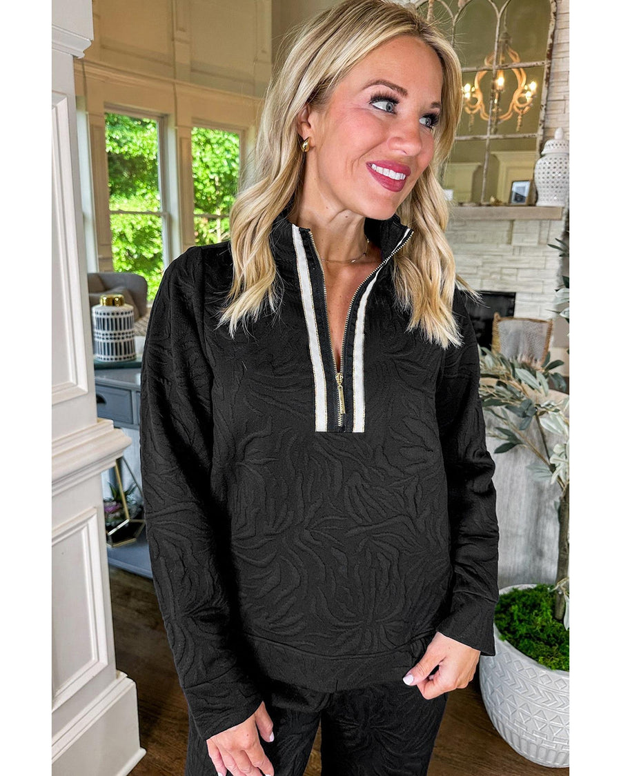 Black Textured Jacquard Quarter Zip Top and Crop Pants Set - XL