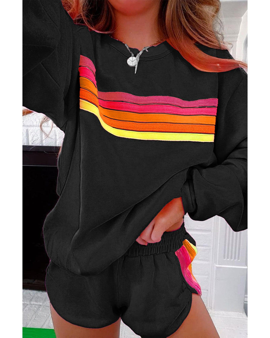 Black Striped Accent Pullover and Shorts Two Piece Casual Set - L