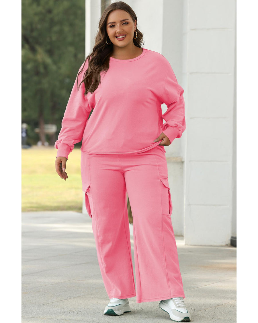 Sachet Pink Solid Color Patchwork Pullover Top and Cargo Pants Set - 3XL