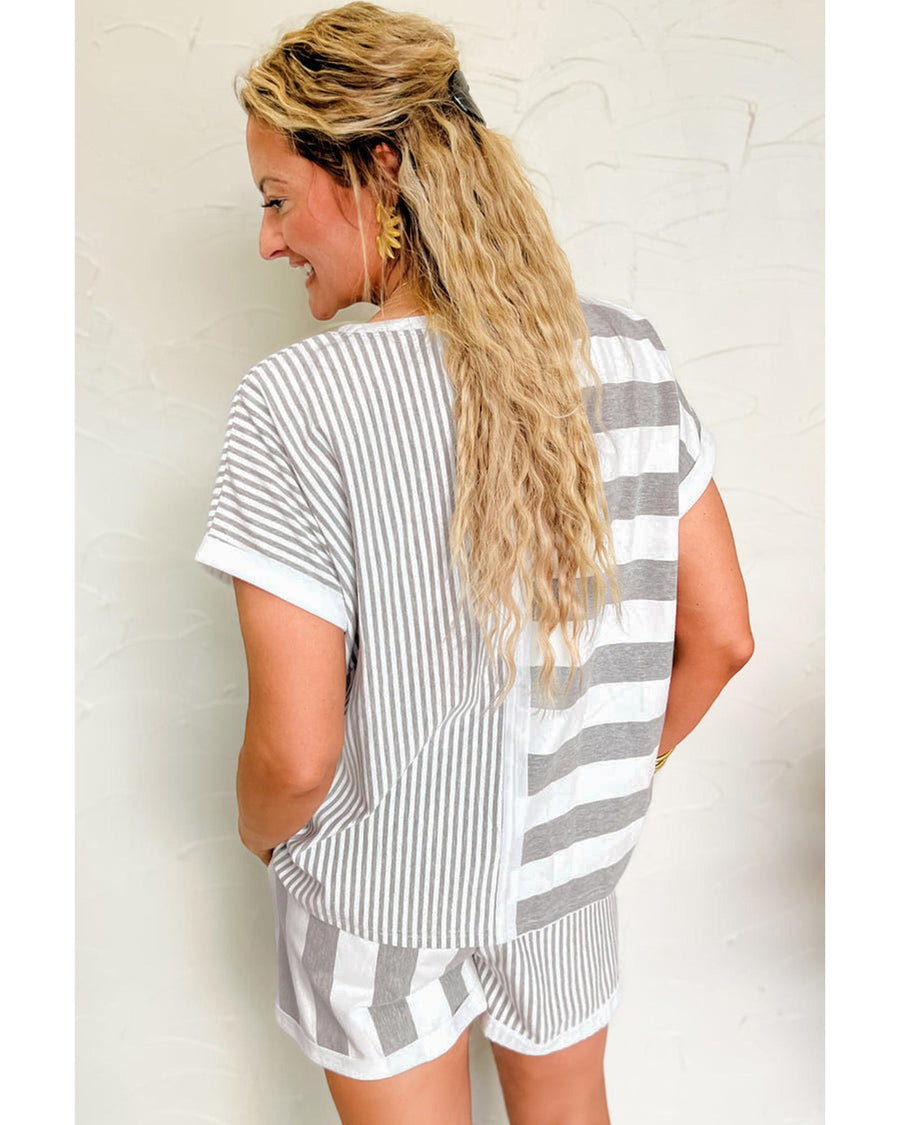 Gray Stripe Mixed Print Short Sleeve Top and Pocketed Shorts Set - S