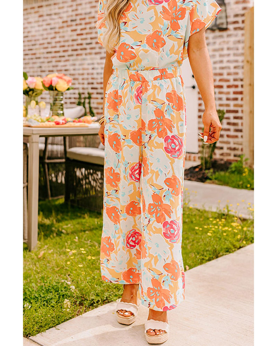 Orange Vibrant Floral Printed Short Sleeve Top 2 Piece Pants Set - L