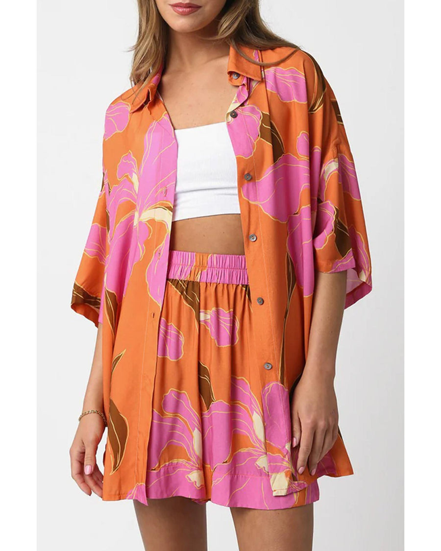 Russet Orange Floral Print Tunic Shirt and Shorts Set - XL