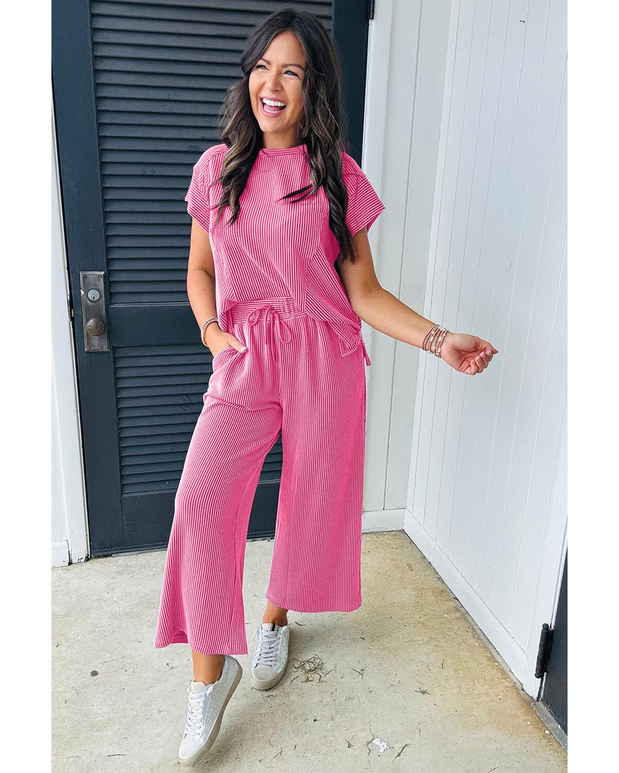 Bright Pink Solid Corded Knit Short Sleeve T Shirt and Wide Leg Pants Set - M