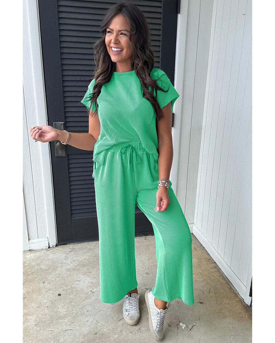 Bright Green Solid Corded Knit Short Sleeve T Shirt and Wide Leg Pants Set - XL
