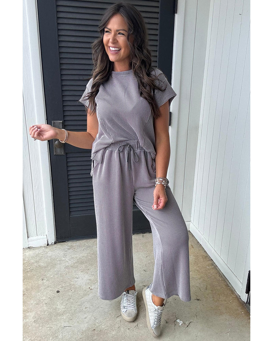 Wild Wind Solid Corded Knit Short Sleeve T Shirt and Wide Leg Pants Set - XL