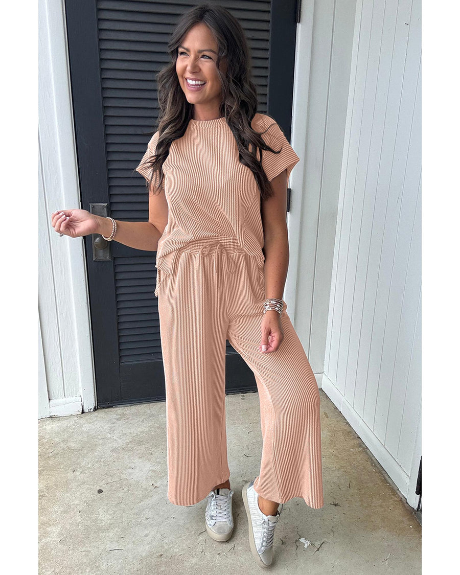 Smoke Gray Solid Corded Knit Short Sleeve T Shirt and Wide Leg Pants Set - M