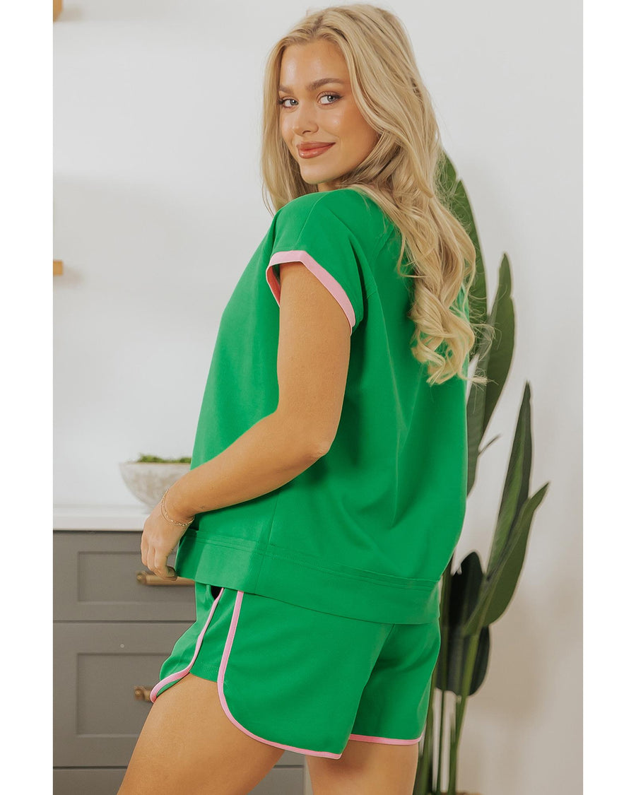 Bright Green Two Tone Contrast Textured Crewneck Tee and Shorts Set - L
