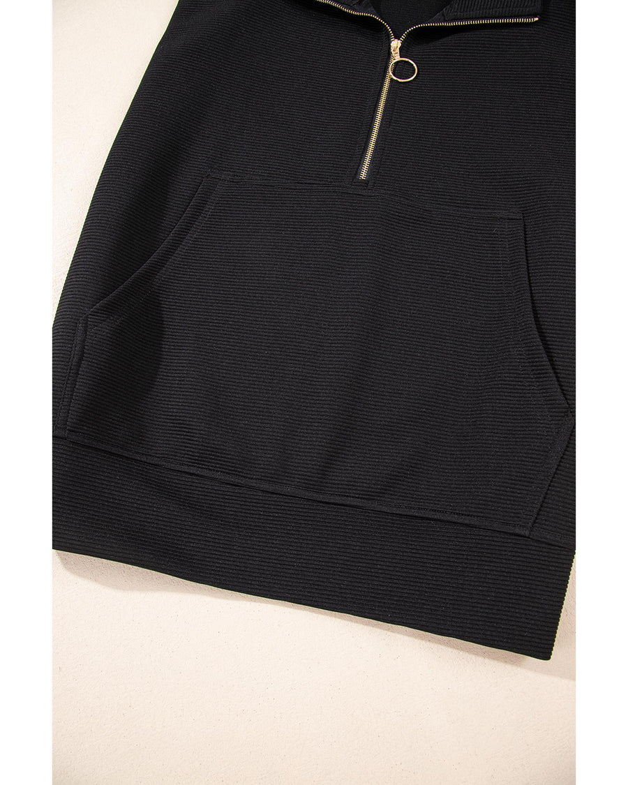 Black Textured Half Zip Kangaroo Pocket Top Drawstring Shorts Set - L