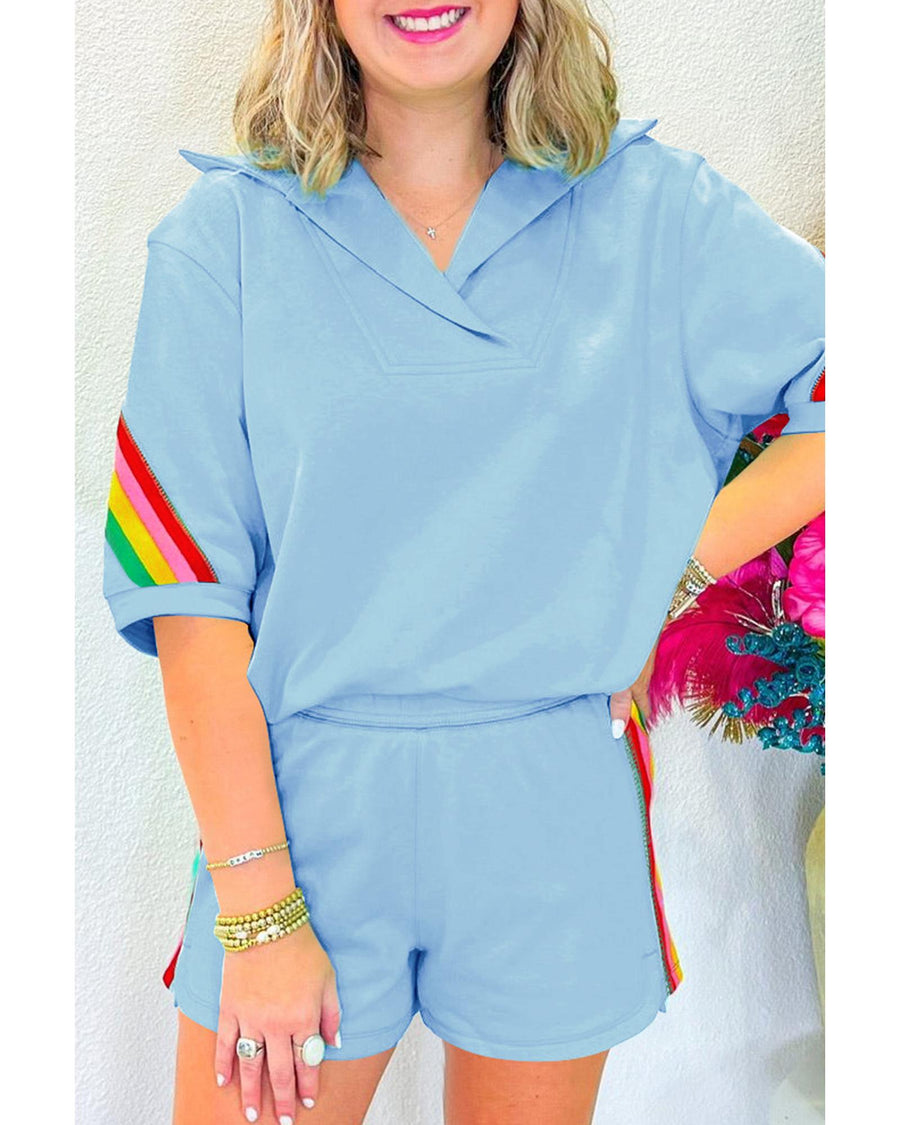 Sky Blue Rainbow Colorblock Collared Short Sleeve Top 2 Piece Shorts Set - L