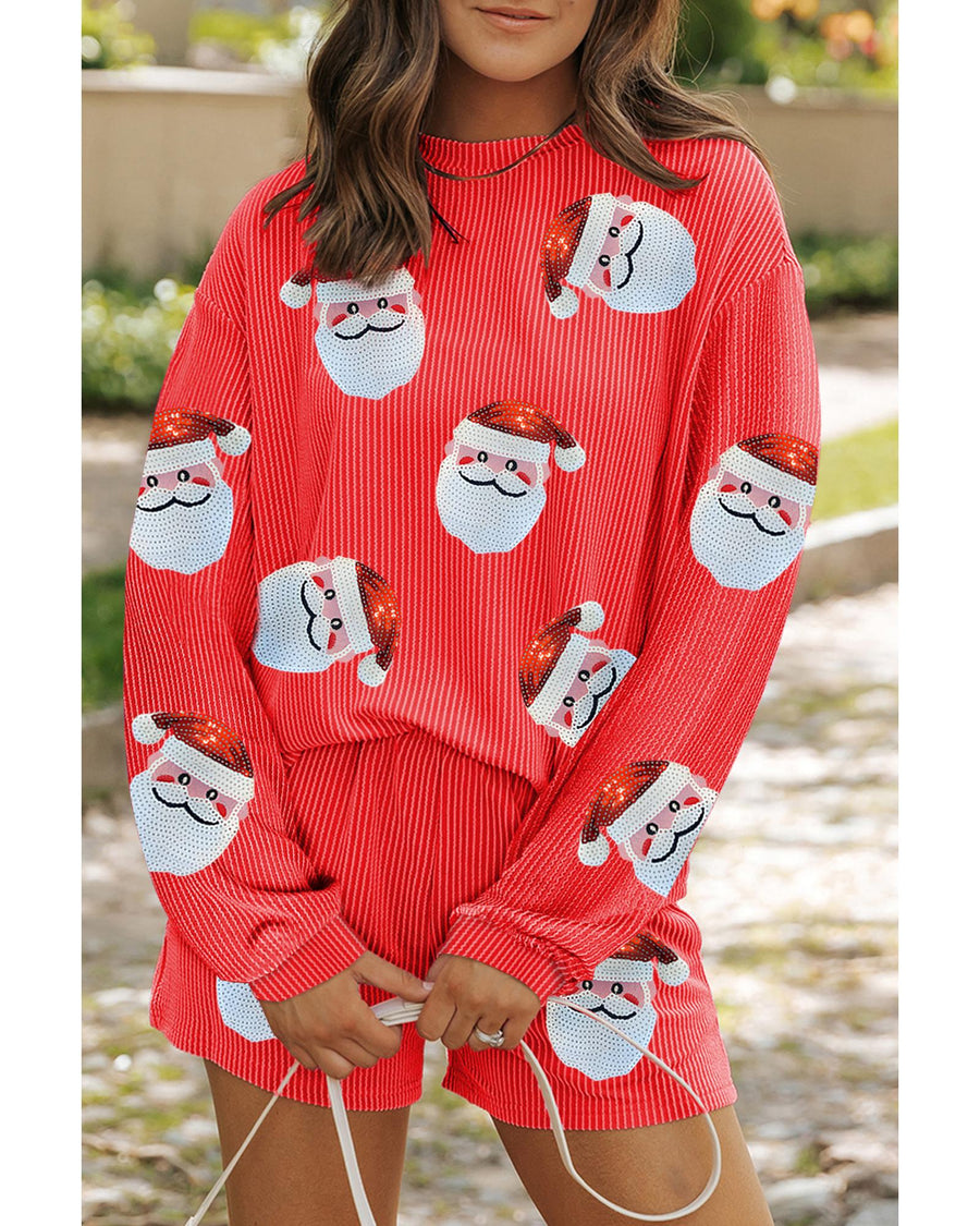 Gold Flame Sequin Christmas Santa Clause Corded Pullover and Shorts Set - 2XL