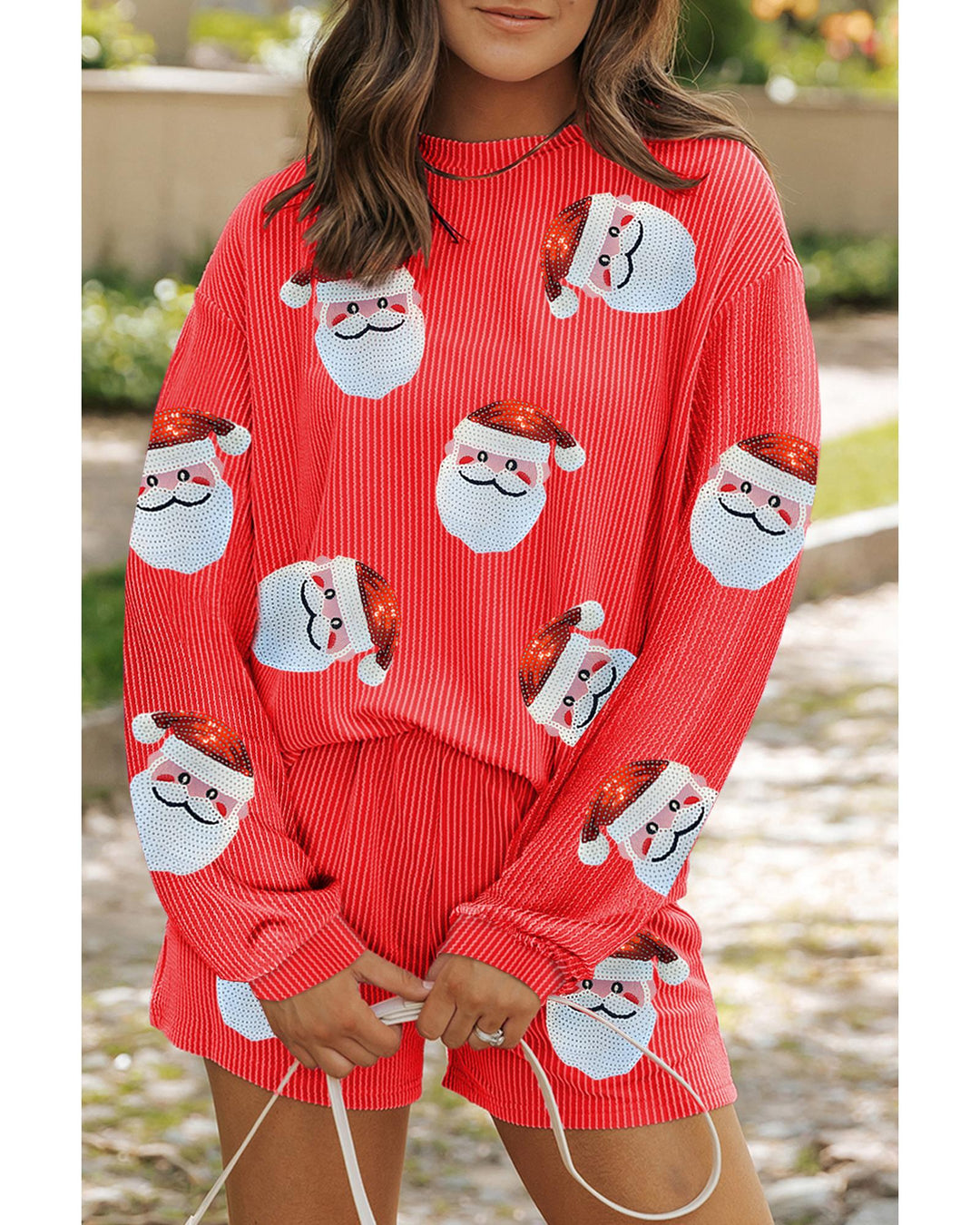 Gold Flame Sequin Christmas Santa Clause Corded Pullover and Shorts Set - L