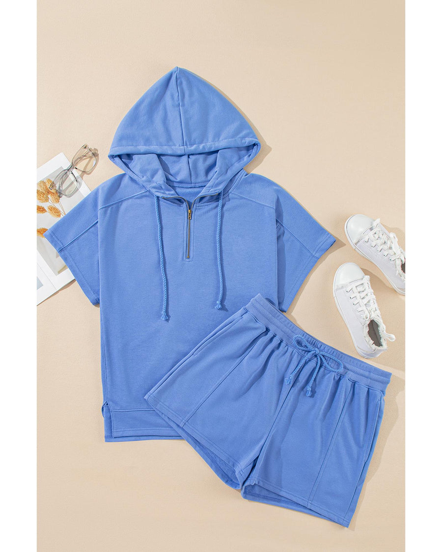 Sky Blue Casual Zipped Short Sleeve Hoodie and Shorts Set - M