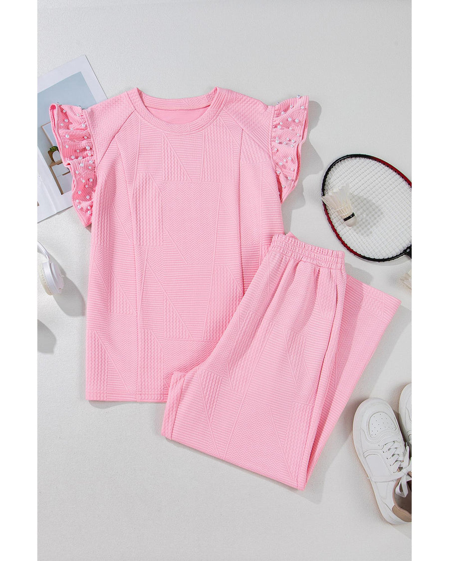 Pink Textured Pearled Ruffled Sleeve Wide Leg Pants Set - L