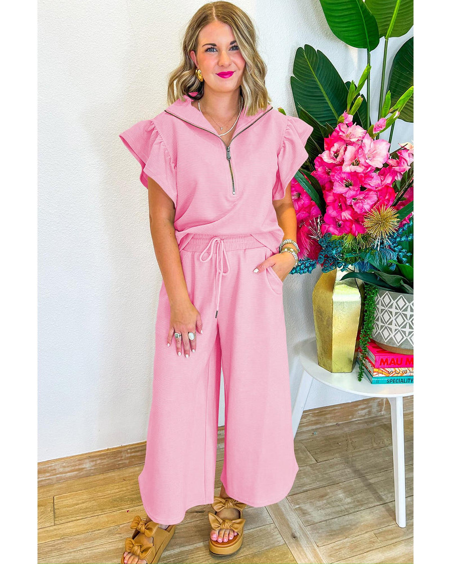 Pink Textured Ruffled Sleeve Zipped Top and Wide Leg Pants Set - S