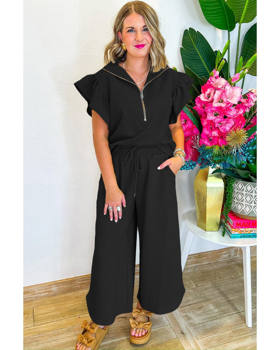 Black Textured Ruffled Sleeve Zipped Top and Wide Leg Pants Set - XL