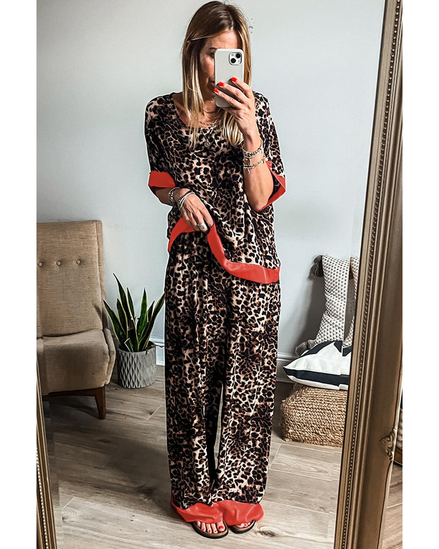 Brown Animal Print Color Contrast Edge Loose Fit Pants Set - XL