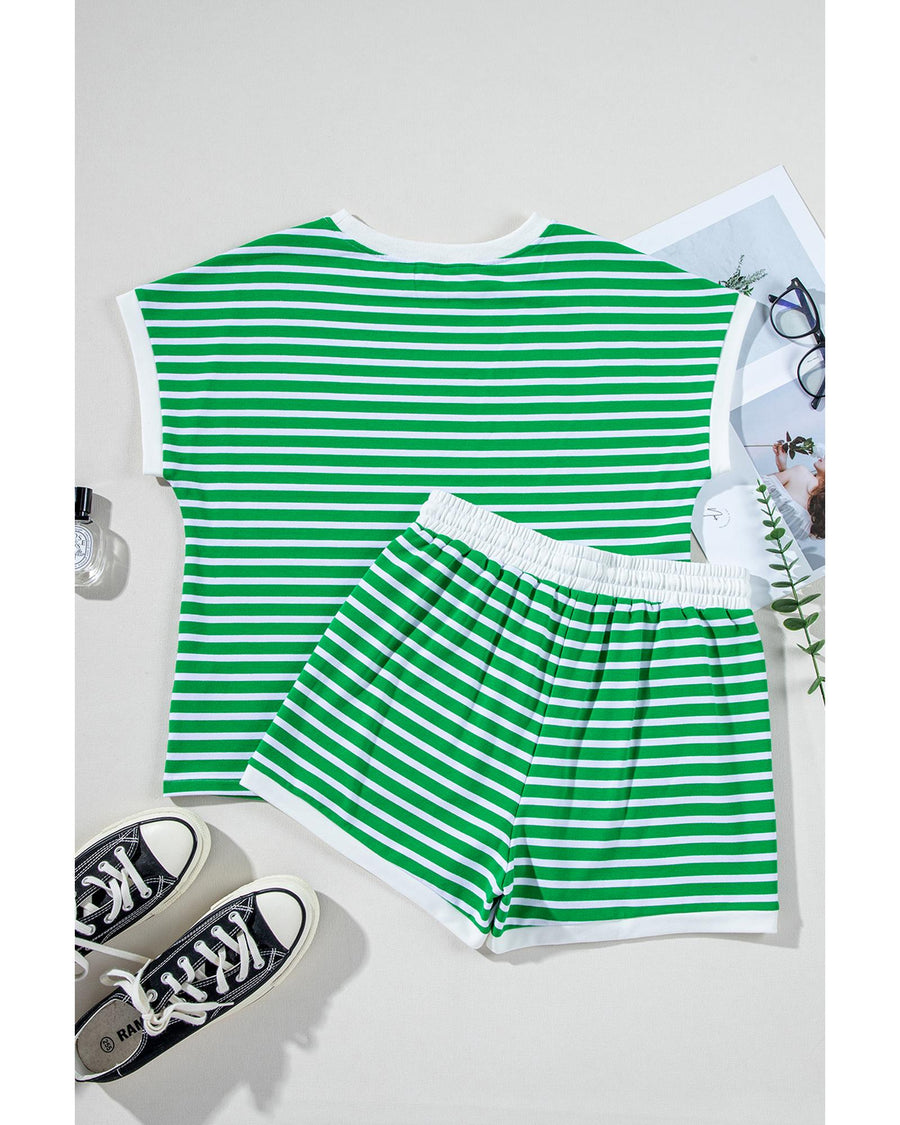 Dark Green Striped Cap Sleeve Tee and Shorts Set - M