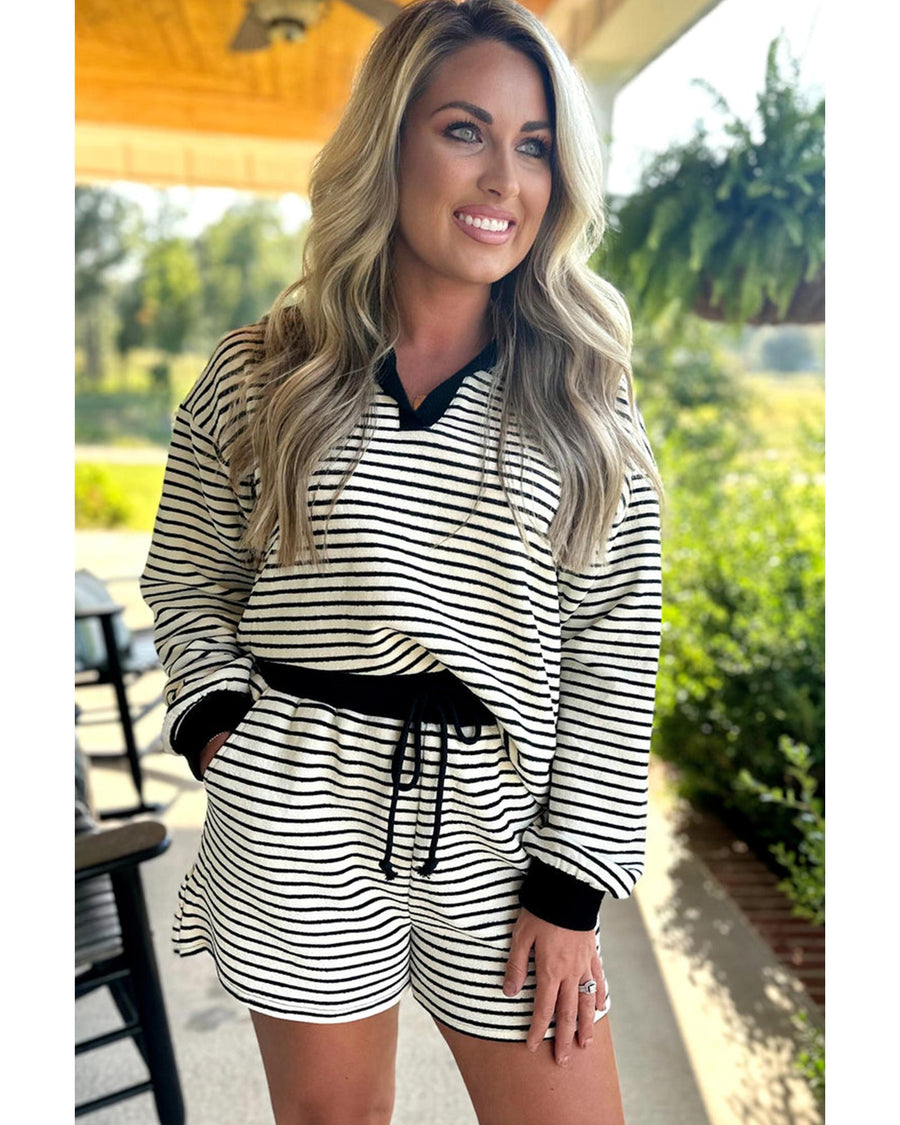 Black Stripe Collared Long Sleeve Top and Drawstring Shorts Set - XL
