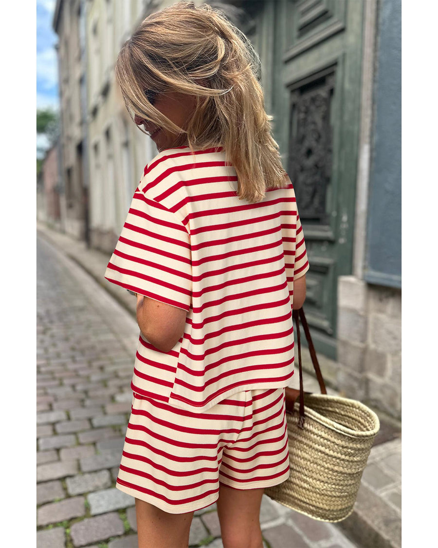 Red Stripe Lace-up Front Top and High Waist Shorts Set - M