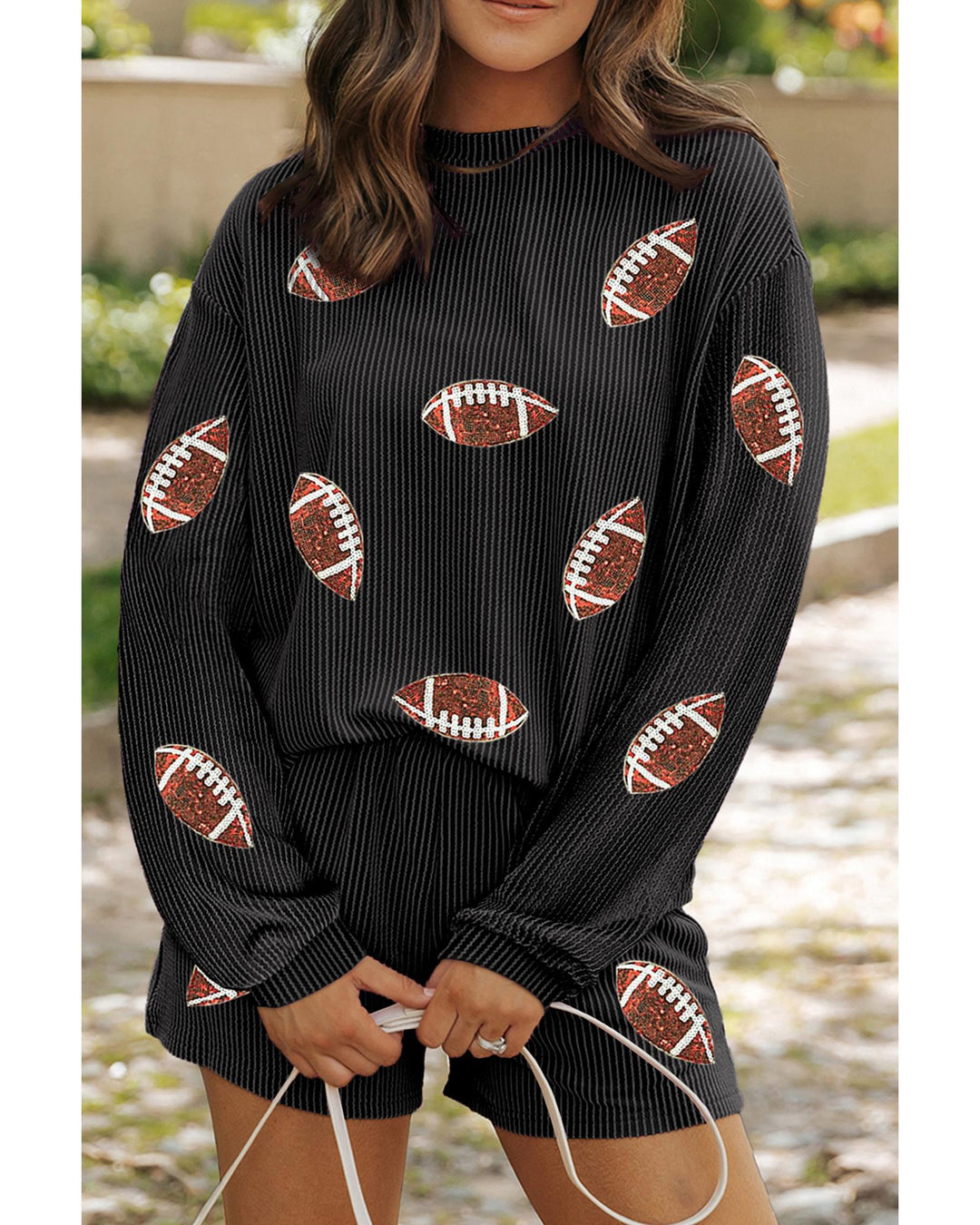 Carbon Grey Sequin Rugby Football Corded Knit Two Piece Shorts Set - 2XL