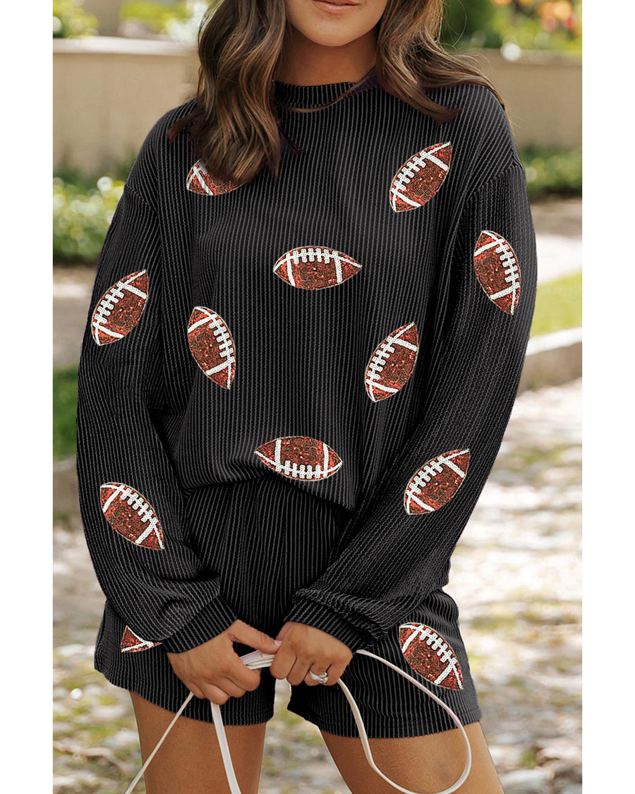 Carbon Grey Sequin Rugby Football Corded Knit Two Piece Shorts Set - M