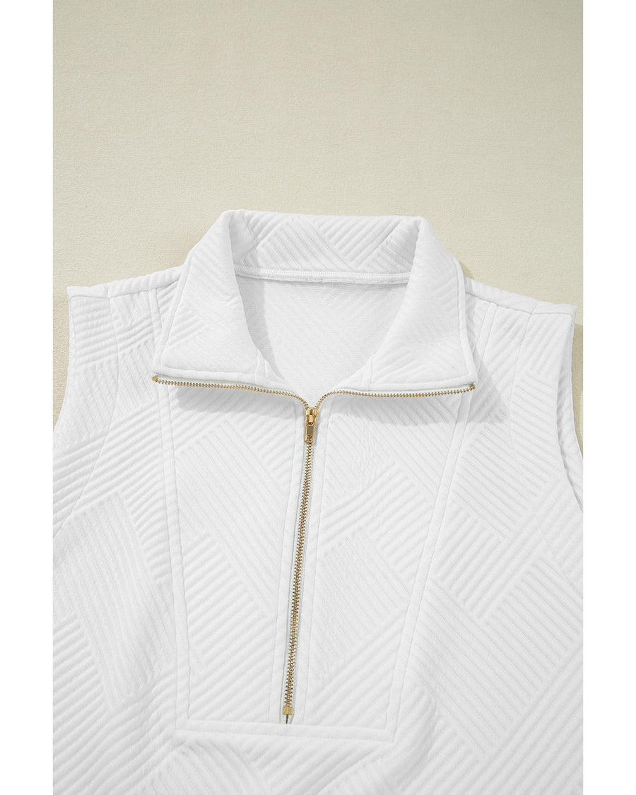White Textured Half Zip Tank Top Drawstring Shorts Set - M