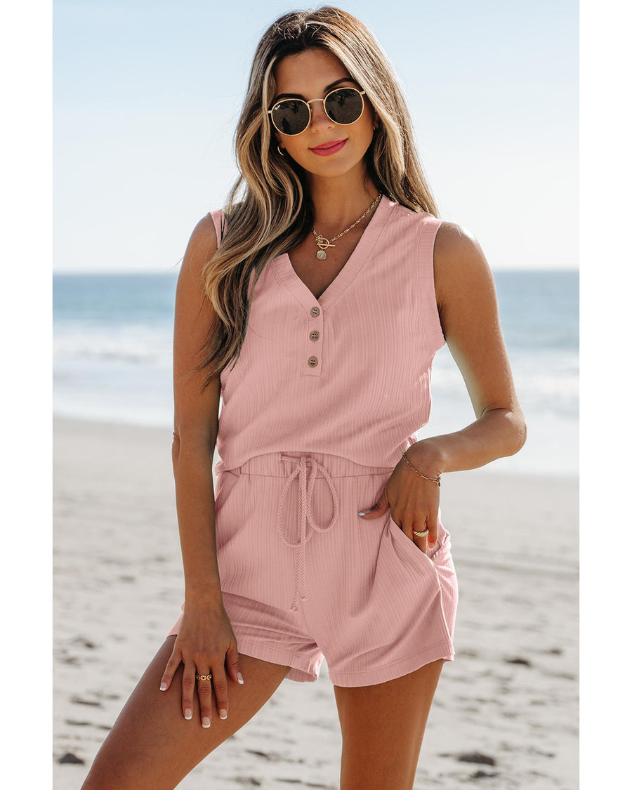 Gossamer Pink Ribbed Button V Neck Tank Top and Shorts Set - S