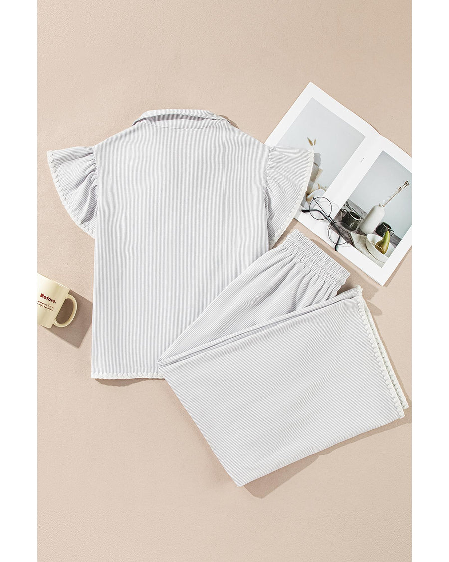 Gray Stripe Zipped up Collar Ruffled Sleeve Tee and Wide Leg Pants 2pcs Outfit - L
