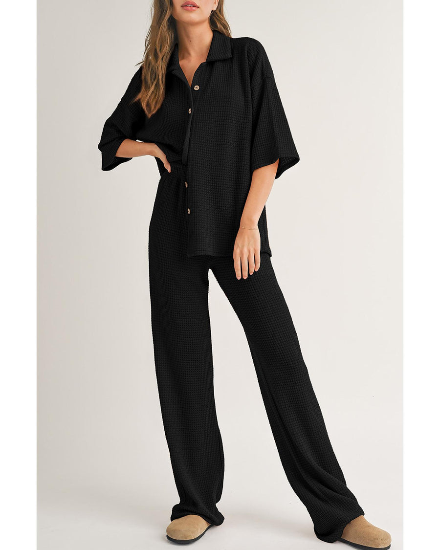 Black Solid Color Textured Buttoned Shirt and Casual Pants Set - M