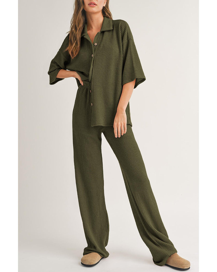 Four Leaf Clover Solid Color Textured Buttoned Shirt and Casual Pants Set - S