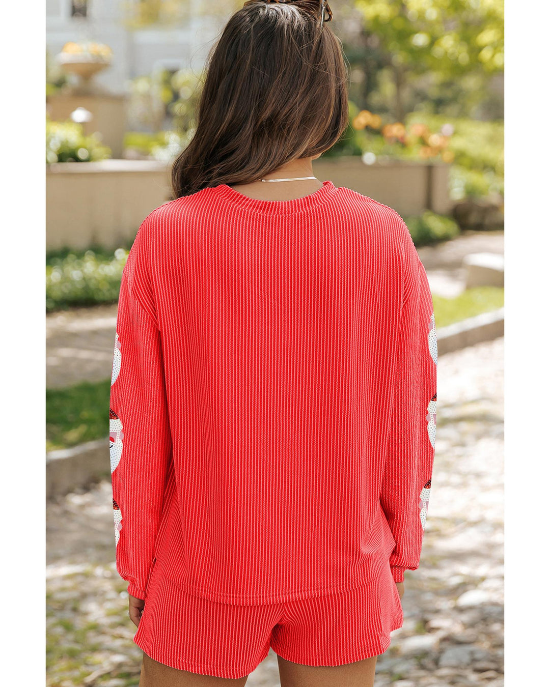 Gold Flame Sequin MERRY Santa Claus Pattern Long Sleeve Shorts Set - XL